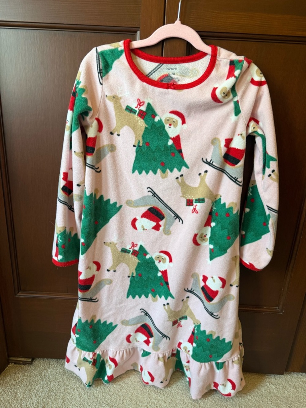 Carter's Pink Nightgown with Green Trees & Red Trim